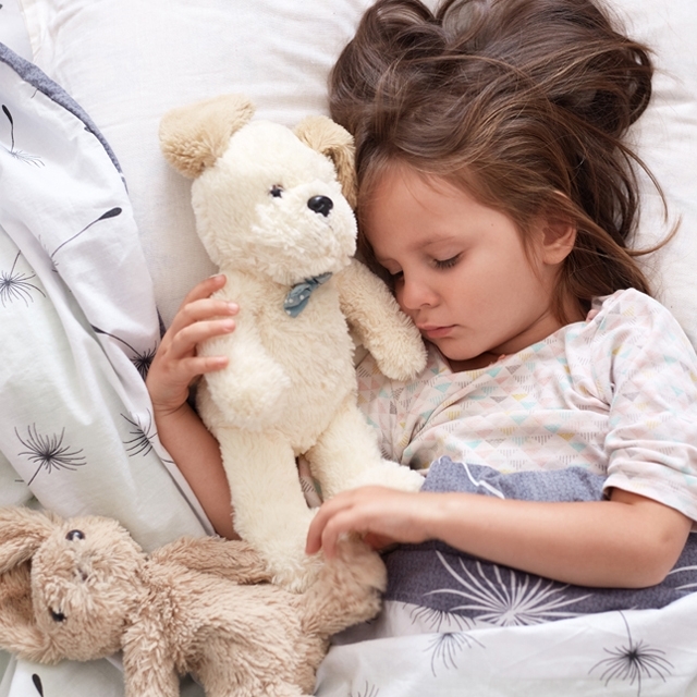 CHAMBRES_ENFANTS_Photographie_640x640_Fillette_dormant_paisiblement_dans_son_lit_douillet_accompagnée_par_ses_peluches_préférées_collées_sur_elle