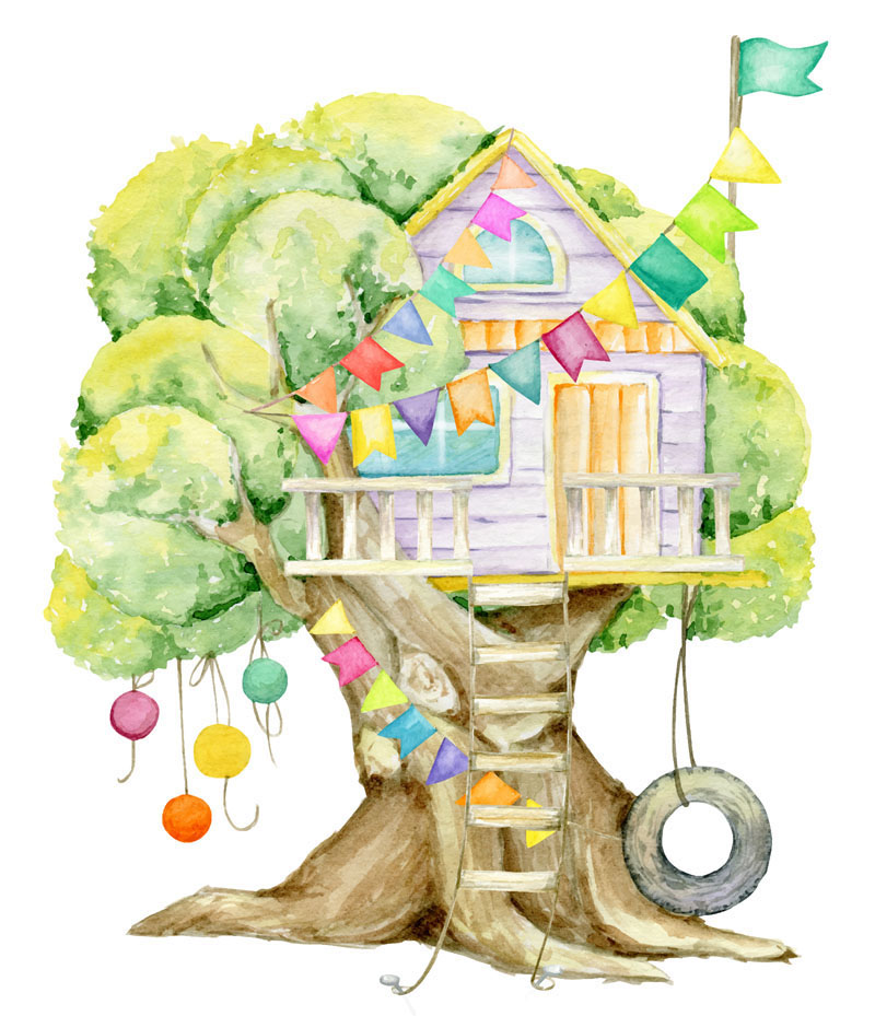ESPACES_ENFANTS_Illustration-Cabane_dans_un_arbre_avec_décorations_de_guirlandes_de_fanions_et_ballons_multicolores