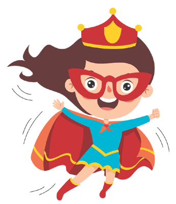 Ressources_Illustration-Jeune_fille_brunette_déguisée_en_superhéroïne_avec_robe_bleue_et_couronne_cape_bottes_lunettes_rouges