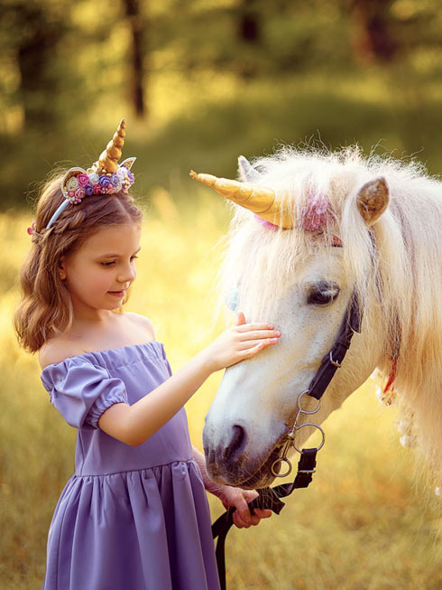 ACCUEIL_Photo_490X653_Fillette_avec_robe_violette_caressant_cheval_blanc_déguisé_en_licorne ACCUEIL_Petite_fille_avec_robe_violette_et_cheval_blanc_qui_portent_tous_deux_sur_leur_tête_une_décoration_de_corne_de_licorne